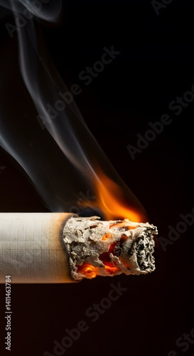 wisps of smoke, dark background, vibrant orange glow, ash, burning cigarette with smoke, a lit cigarette, burning ember