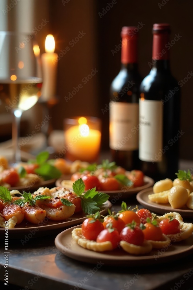 A spread of delectable appetizers and bottles of wine, softly lit by candlelight , gourmet, table setting A spread of delectable appetizers and bottles of wine, softly lit by candlelight , gourmet, table setting
