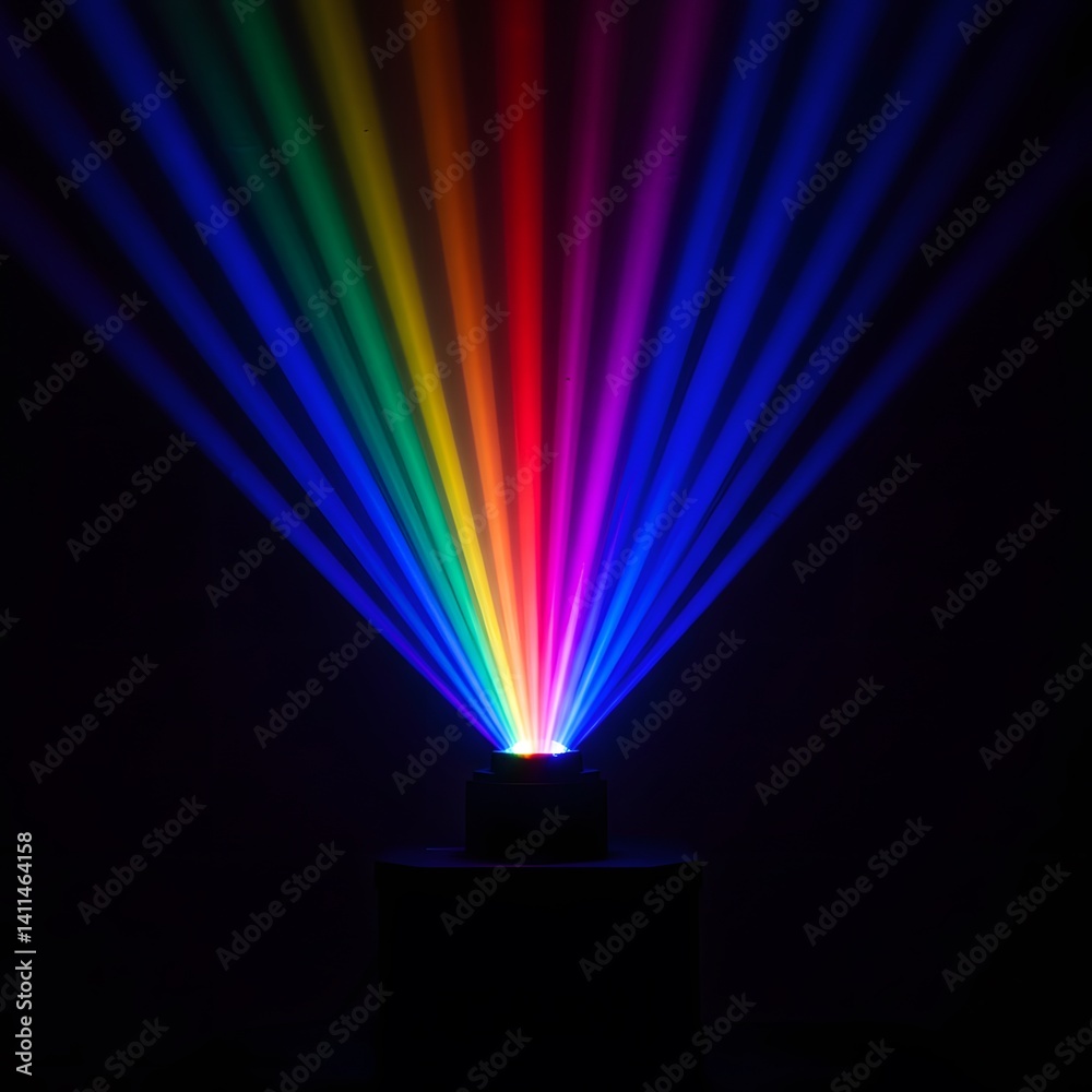 dark background, projector beam, prismatic colors, vivid light dispersion, optical refraction, RGB light, rgb spectrum light of projector, Colorful light projection, rainbow spectrum