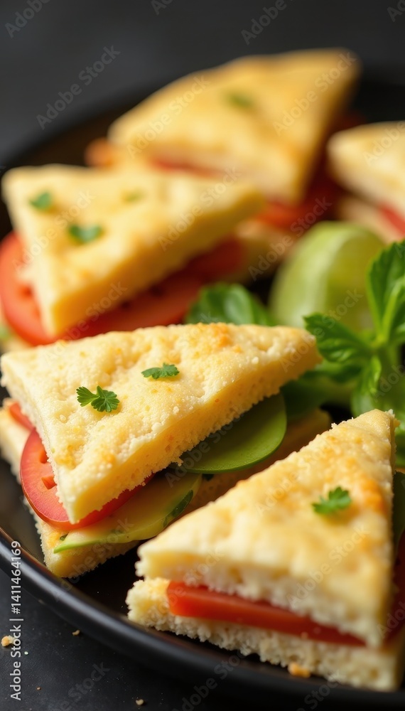 Assorted mini sandwich triangles on a platter, close-up, assorted, cheese Assorted mini sandwich triangles on a platter, close-up, assorted, cheese