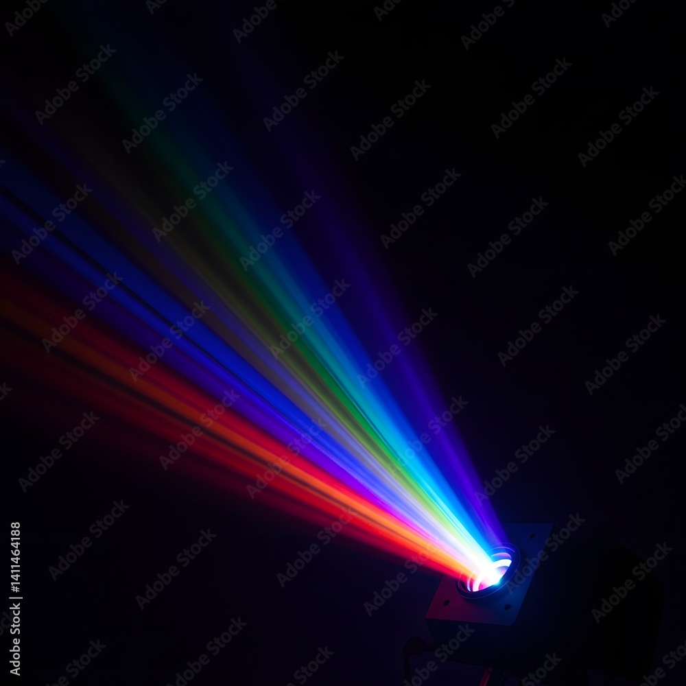 dark background, projector beam, prismatic colors, vivid light dispersion, optical refraction, RGB light, rgb spectrum light of projector, Colorful light projection, rainbow spectrum