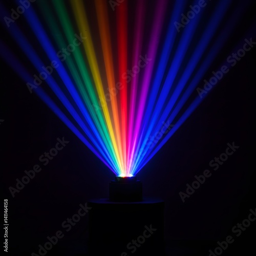 dark background, projector beam, prismatic colors, vivid light dispersion, optical refraction, RGB light, rgb spectrum light of projector, Colorful light projection, rainbow spectrum