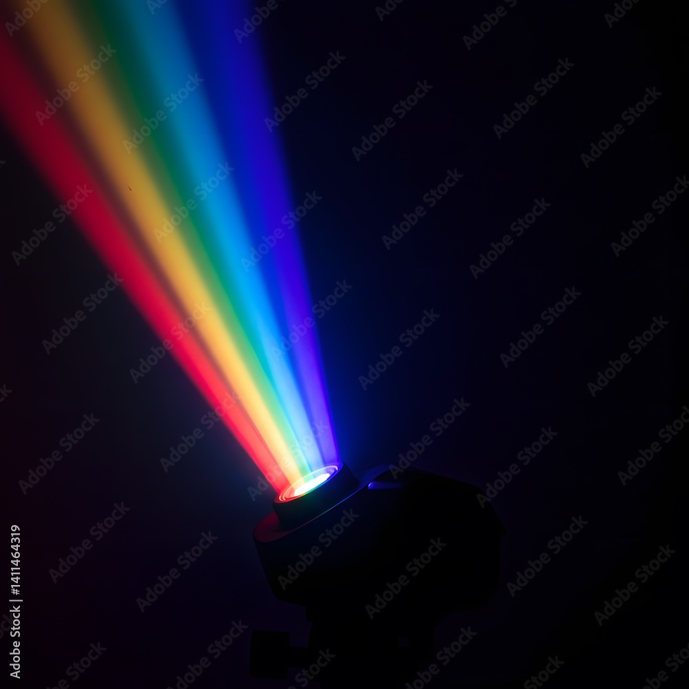 dark background, projector beam, prismatic colors, vivid light dispersion, optical refraction, RGB light, rgb spectrum light of projector, Colorful light projection, rainbow spectrum