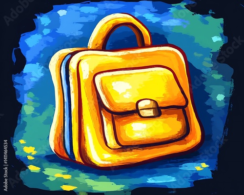 An abstract painting featuring a yellow bag with a handle