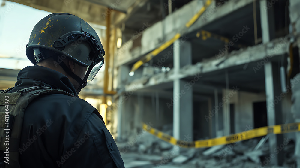 A demolition expert inspecting an old building before controlled detonation. Featuring expertise and caution A demolition expert inspecting an old building before controlled detonation. Featuring expertise and caution