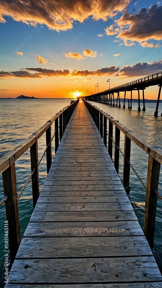 Obraz premium Serene sunset view over calm ocean waters, showcasing a long wooden pier extending towards the horizon. The sky displays vibrant orange and blue hues.