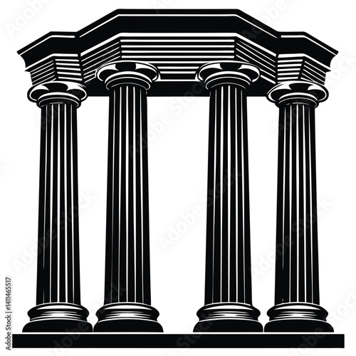 Four Black and White Ionic Columns Vector Illustration: Classic Architecture, Greek Roman Style, Building Design Element