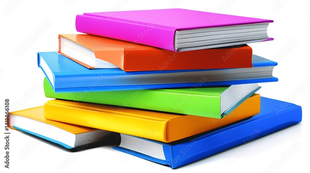 A stack of colorful hardcover books resting on a white background A stack of colorful hardcover books resting on a white background