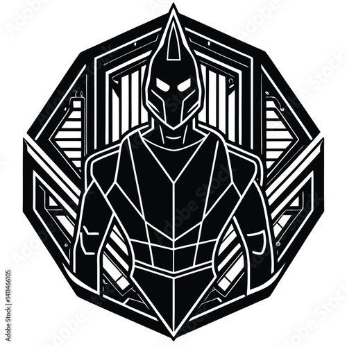 Geometric Superhero Emblem: Black and White Vector Illustration of a Stylized Futuristic Warrior Logo Design