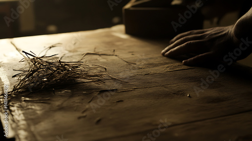 Carpenter constructing a wooden table in a workshop. Featuring woodcraft and furniture construction