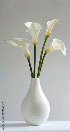 White vase with calla lilies, simple background, high-resolution photography, professional photograph.