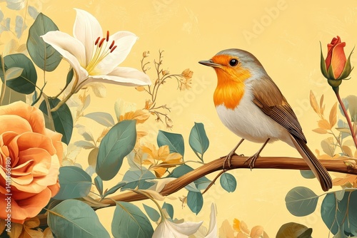 Ornate floral arrangement featuring a robin.
