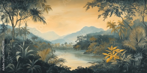Wallpaper serene tropical landscape painting in pastel tones