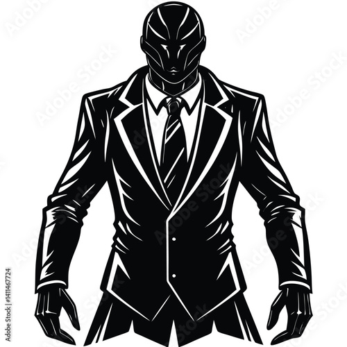 Black and White Vector Illustration of a Mysterious Man in a Suit: Graphic Novel Style Character Design for Posters and Logos