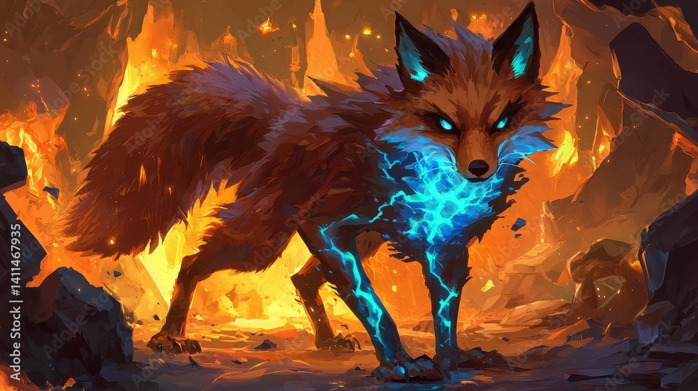Fototapeta premium Fiery Electrified Fox Spirit in Volcanic Cave