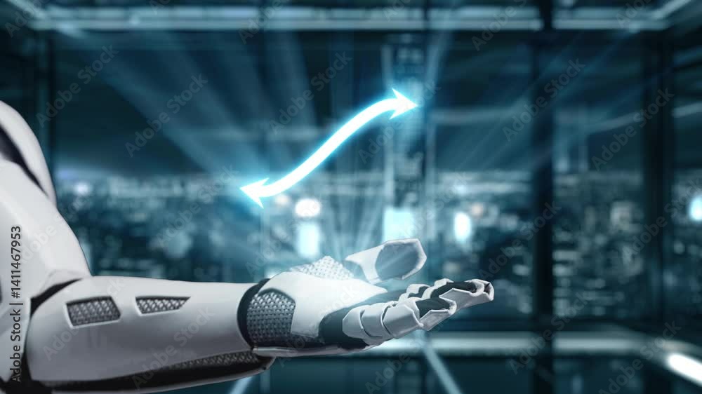 A sleek robotic hand points to glowing icons depicting technology and business themes against a modern city backdrop, symbolizing innovation and advancement in various fields. Auvana