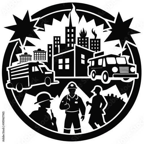 Emergency Response Illustration: Firefighters, Firetrucks, and Burning Buildings in a Disaster Scene - Black and White Vector Graphic