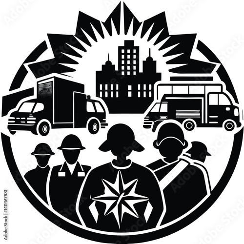 Emergency Response Team Icon: Cityscape, Vehicles, and First Responders Vector Graphic - Disaster Relief & Public Safety Symbol