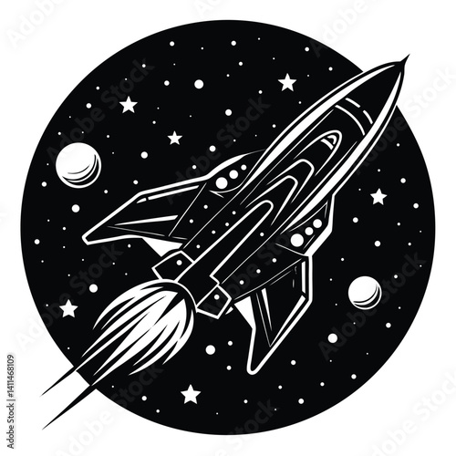 Monochrome Rocket Spaceship Flying In Space, Stars, Planet, Comet, Black & White Design