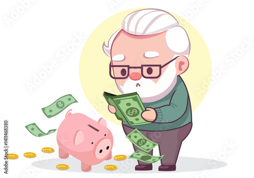 An elderly man in the picture calculates his retirement savings, looking anxious.