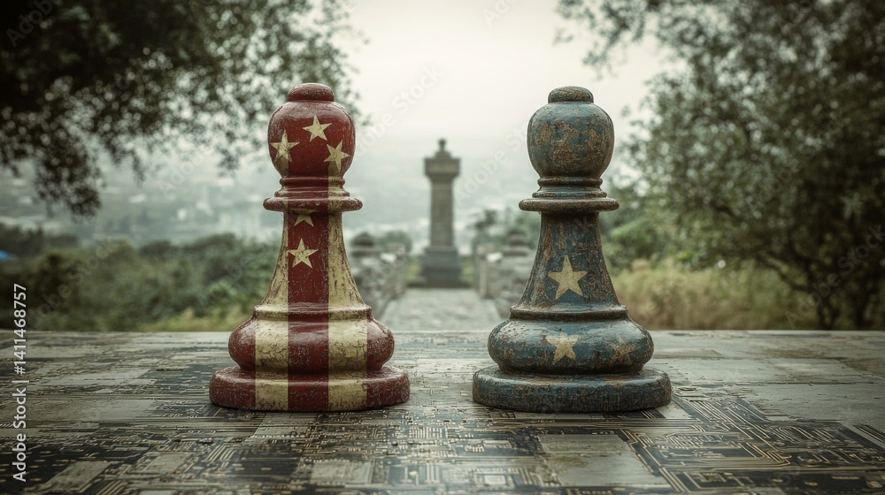 Fototapeta premium Two Chess Pieces Representing USA and China on a Board