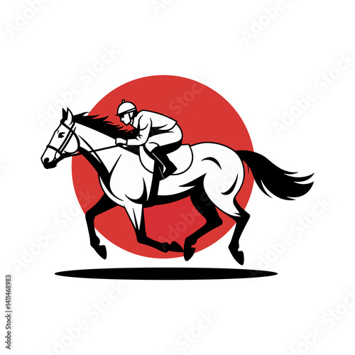 Graphic Illustration of Racehorse and Jockey Galloping with Red Circle Background for Sport Event