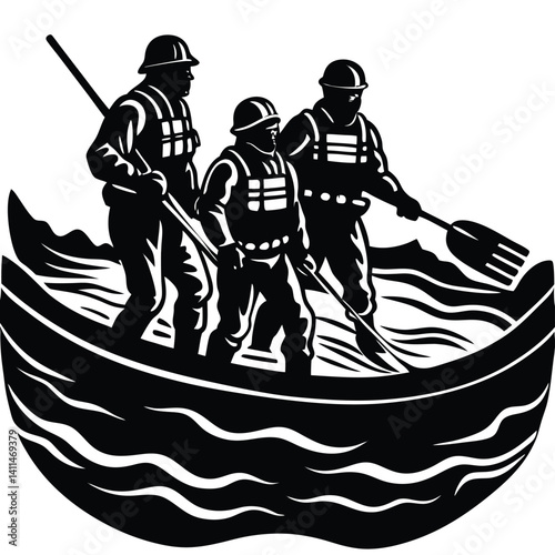 Rescue Team in Boat: Black and White Illustration of Flood Responders in Action