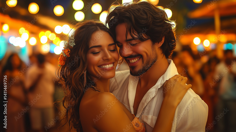 Romantic Couple Embracing at Night During Brazilian Festa Junina, Ai Generated Images Romantic Couple Embracing at Night During Brazilian Festa Junina, Ai Generated Images