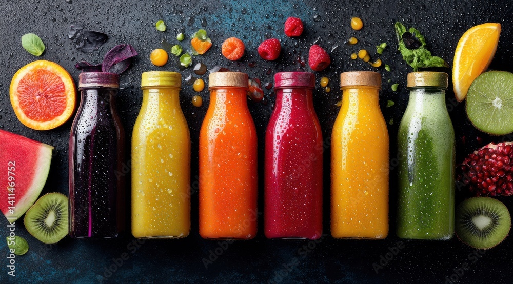 Reihe bunter Smoothies und Säfte in Glasflaschen auf dunklem Untergrund, Row of colorful smoothies and juices in glass bottles on dark surface