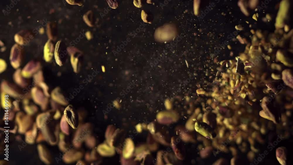 Esplosione di pistacchi interi e tritati in aria, con particelle sospese e sfondo scuro. Immagine dinamica e artistica che cattura il momento del movimento con effetto slow motion.