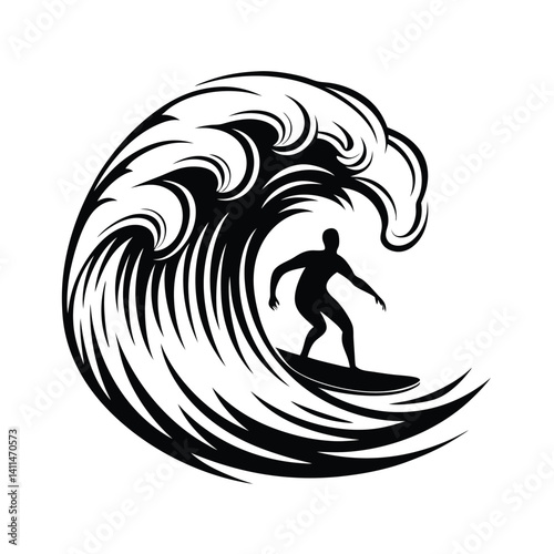 Monochrome Surfer Silhouette Riding a Powerful Wave in Black and White Ocean