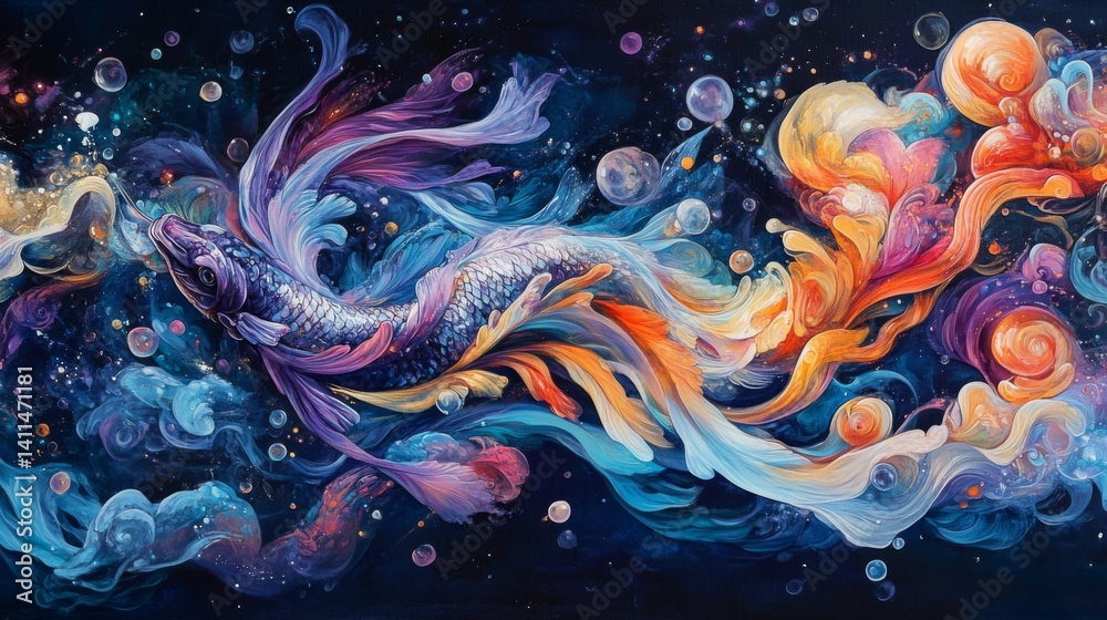 Obraz premium Cosmic Whale in Swirling Purple and Orange Galaxy