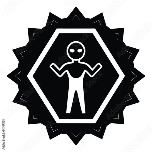 Alien Icon in Hexagon Frame with Starburst Background - Black and White Vector Graphic Illustration