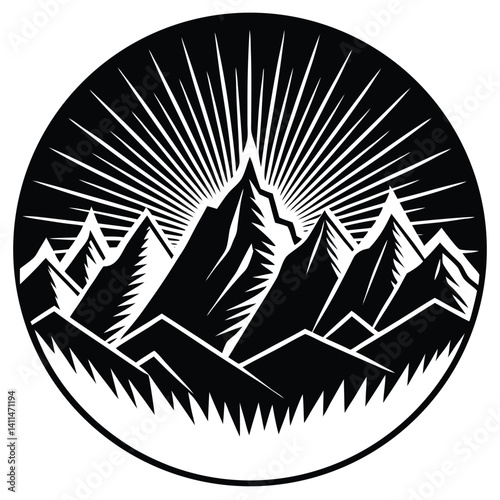 Mountain Peaks Silhouette in Circular with Sun Rays, Outdoors, Adventure Icon