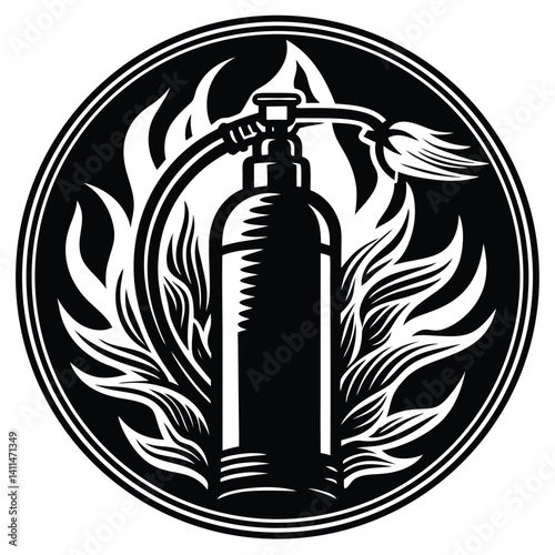 Fire Extinguisher Icon Vector Illustration: Black and White Graphic of Fire Safety Equipment in Flames, Emergency Symbol, Prevention Design