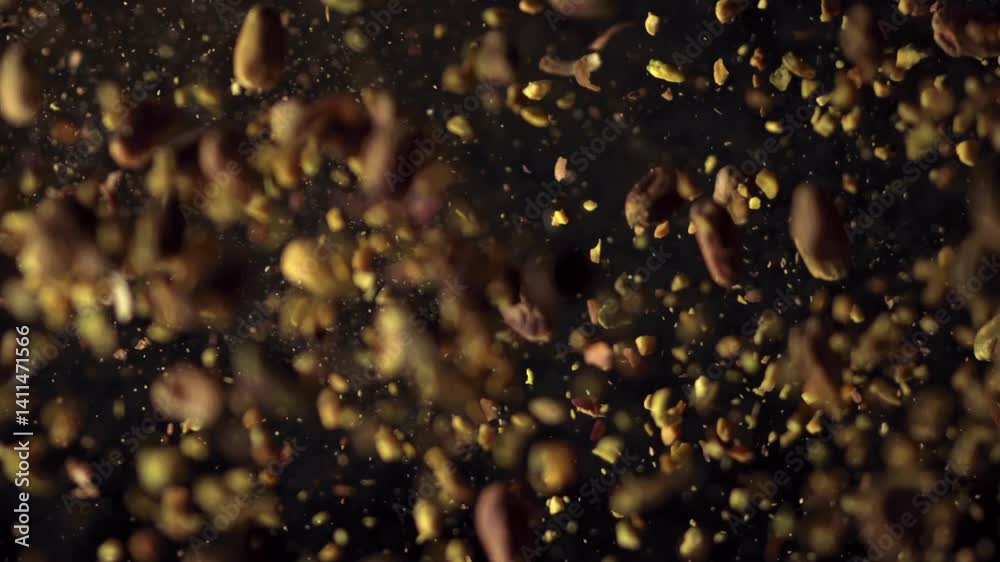 Esplosione di pistacchi interi e tritati in aria, con particelle sospese e sfondo scuro. Immagine dinamica e artistica che cattura il momento del movimento con effetto slow motion.