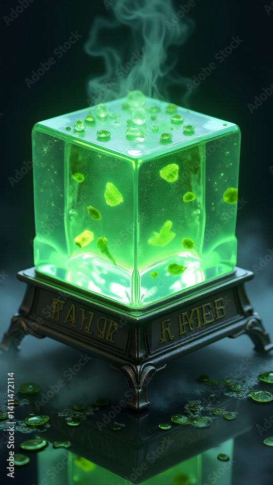 Obraz premium A crystal dice contains glowing Elixir of Life with floating herbs. Rune-carved pedestal and mercury reflections enhance this HD mysticism.