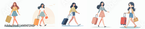 Vector collection of a woman walking while holding a drink and a mobile phone, with casual and various clothing styles.