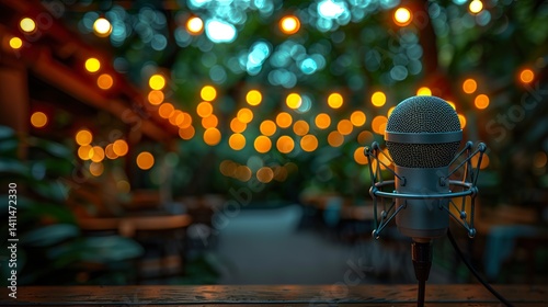 Retro Microphone with lights on background, with copy space for karaoke night or talent search 