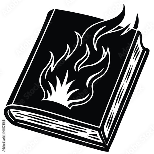 Burning Book Icon: Black and White Vector Illustration of Book Burning, Censorship, and Destruction of Knowledge