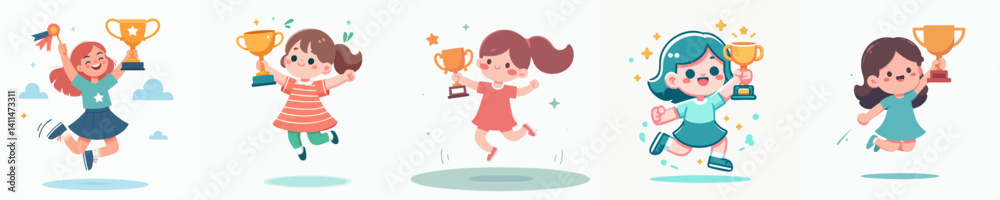 Vector collection of a woman jumping smiling while lifting a trophy Vector collection of a woman jumping smiling while lifting a trophy