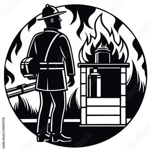 Vintage Firefighter Illustration: Man with Helmet Watching Fire, Black and White Graphic Art for Fire Safety Education & Awareness