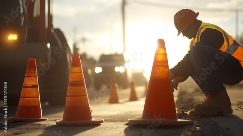 A road construction worker setting up traffic cones at a construction zone. Featuring safety and organization