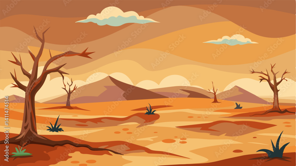 The desolate plains once teeming with vibrant flora now reduced to a lifeless wasteland as the prolonged drought takes its toll.. Vector illustration