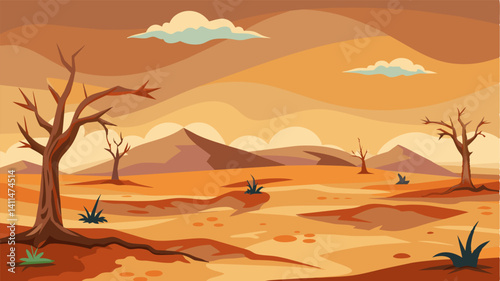 Obraz na płótnie The desolate plains once teeming with vibrant flora now reduced to a lifeless wasteland as the prolonged drought takes its toll.. Vector illustration w salonie