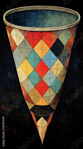 A colorful geometric cone featuring various different diamond shapes