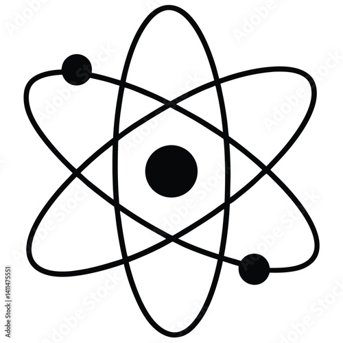 Atom Model Graphic: Black & White Science Illustration of Atomic Structure, Nucleus, Electrons, Physics, Chemistry, Scientific Diagram