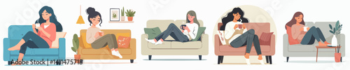 Vector collection of a woman relaxing on a sofa while enjoying a drink and reading or using an electronic device.