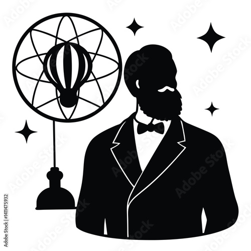 Silhouette of a Victorian Gentleman with Hot Air Balloon and Celestial Design