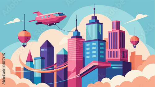 The eVTOLs seamlessly weave through a web of towering buildings acting as the s of transportation in the futuristic theme park.. Vector illustration